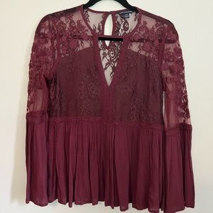 American Eagle - Maroon Lace Dress Shirt - Small